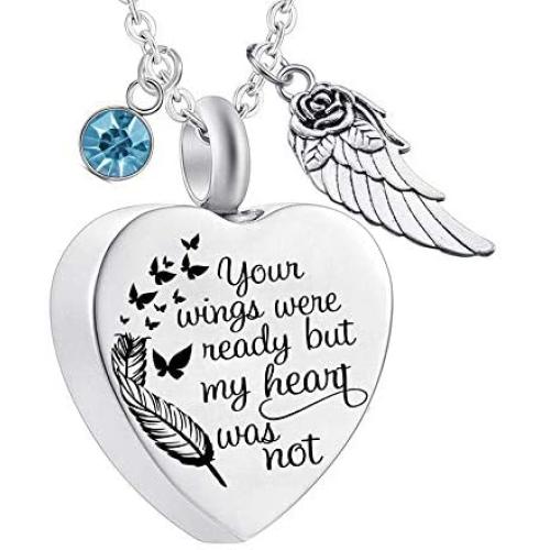 Heart Cremation Urn Necklace for Ashes Jewelry Angel Wing 12 Colors Birthstone Memorial Keepsake Pendant - Your Wings were Ready But Our Hearts were not