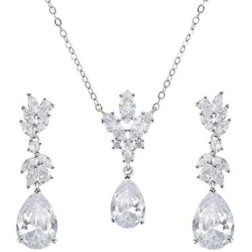 SWEETV Teardrop Wedding Bridal Jewelry Set for Brides Bridesmaid, Crystal Pendant Necklace Drop Dangle Earrings Set for Women