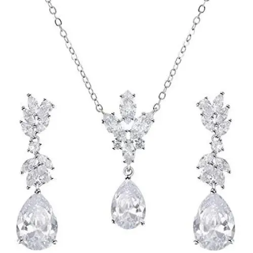 SWEETV Teardrop Wedding Bridal Jewelry Set for Brides Bridesmaid, Crystal Pendant Necklace Drop Dangle Earrings Set for Women