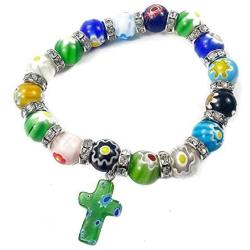 Nazareth Store Agate Colorful Flowers Beads Cross Bracelet Catholic Rosary Bangle Jerusalem Religious Christian Gifts for Boys Girls Jewelry for Women & Men