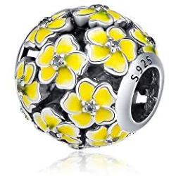 CKK Flower Charm Fit Pandora Bracelet Purple Enamel Plumeria Spacer Bead Charms for Bracelets DIY Women Jewelry 925 Sterling Silver (Yellow Bead)