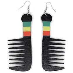 Teris Boutique Black African American Jamaican Afro Hair Comb Rasta Color Details Wood Light Weight Long Dangle Drop Fashion Earrings