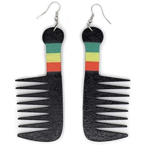 Teris Boutique Black African American Jamaican Afro Hair Comb Rasta Color Details Wood Light Weight Long Dangle Drop Fashion Earrings