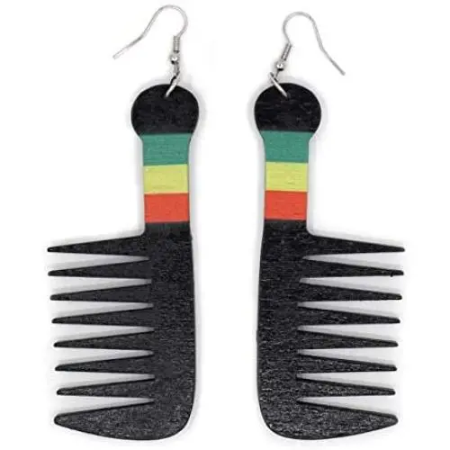 Teris Boutique Black African American Jamaican Afro Hair Comb Rasta Color Details Wood Light Weight Long Dangle Drop Fashion Earrings