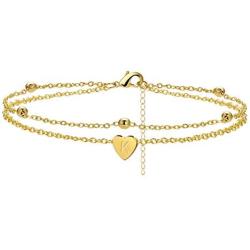 Initial Anklet Bracelets for Women Dainty Layered Beads Heart Letter Gold Ankle Bracelets for Teen Girls Foot Ankle Jewelry (K)