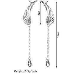 Clip On Angel Wing Earrings Angel Wing Silver Plated Crystal Tassel Chain Drop Dangle Earrings Ear Cuff Stud Rhinestone Pendant Clip Earrings Angel Wing Tail Long Dangle Tassel Drop Statement Earrings