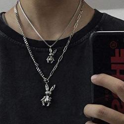 YERTTER Heavy Gothic Grunge Rabbit Pendant Easter Bunny Choker Necklace Statement Long Chain Punk Multilayer Steel Material Choker Necklace for Women and Men