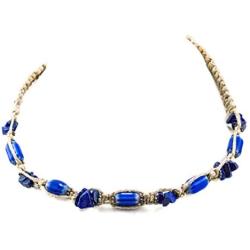 Hemp Choker with Blue Glass Oval Bead and Lapis Semi Precious Stone Chips