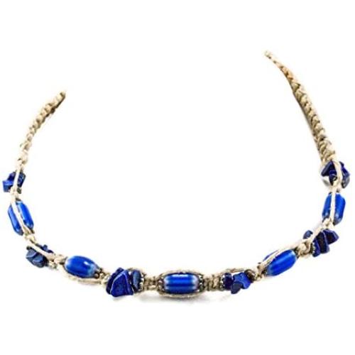 Hemp Choker with Blue Glass Oval Bead and Lapis Semi Precious Stone Chips