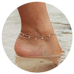 WEARON Dainty Gold Link Chain Anklet Women 14K Gold Plated Cute Charm Blue Evil Eye Cubic Zirconia Pearl Coin Chain Anklet Double Layer Chain Boho Beach Anklet Personalized Friendship Gifts