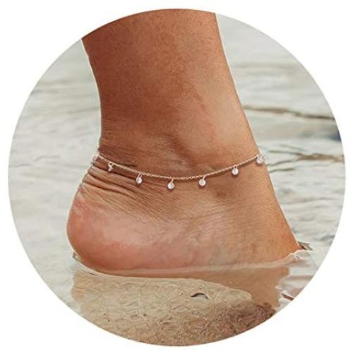WEARON Dainty Gold Link Chain Anklet Women 14K Gold Plated Cute Charm Blue Evil Eye Cubic Zirconia Pearl Coin Chain Anklet Double Layer Chain Boho Beach Anklet Personalized Friendship Gifts