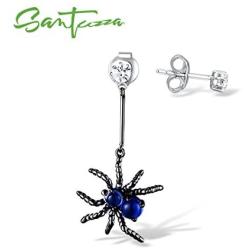 Santuzza Sterling Silver Sapphire Color Spider Drop Earrings Round Blue Spinel CZ Stones