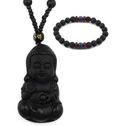 Gungneer Buddha Obsidian Necklace Pendant Adjustable Cotton Chain Fengshui Talisman Religious Jewelry for Men Women