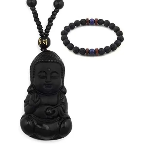 Gungneer Buddha Obsidian Necklace Pendant Adjustable Cotton Chain Fengshui Talisman Religious Jewelry for Men Women Gungneer Buddha Obsidian Necklace Pendant Adjustable Cotton Chain Fengshui Talisman Religious Jewelry for Men Women