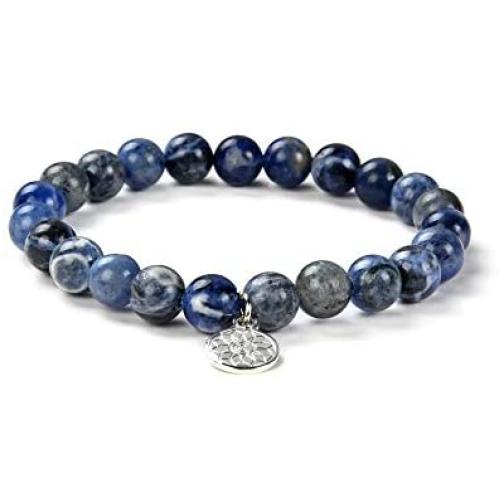 Crystal Agate Blue Sodalite Bracelet| Chakra Reiki Healing Gemstone Bangle Wristlet| Elastic Stretchy Jewelry with Round Crystal Beads for Women Girls Unisex