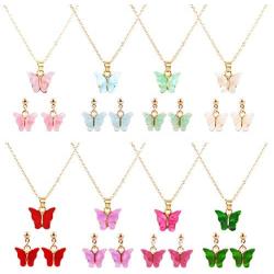 8 Pairs Butterfly necklace Earrings set - Acrylic Butterfly Pendant Necklace, Butterfly Stud Earrings, Great for Women,Girls