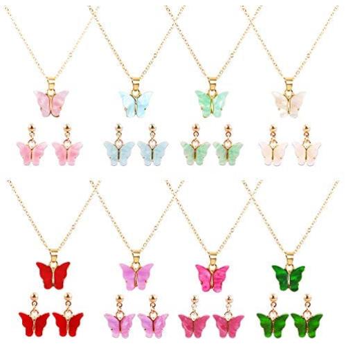 8 Pairs Butterfly necklace Earrings set - Acrylic Butterfly Pendant Necklace, Butterfly Stud Earrings, Great for Women,Girls