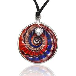BESHEEK Handmade Murano Inspired Blue Red Silver-Color Dichroic Glass Round Swirl Pendant Necklace Hand Wrapped with Metal Handcrafted Artisan Blown Hypoallergenic Italian Style Jewelry