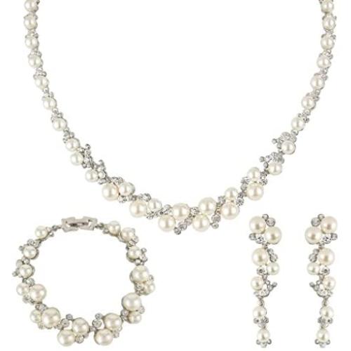 EVER FAITH Simulated Pearl Crystal Bridal Necklace Earrings Bracelet Set Clear