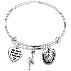 WUSUANED My Heart Belongs to A Lineman Lightning Helmet Charms Expandable Wire Bangle Bracelet Lineman Jewelry Gift for Lineman Mom Wife Girlfriend