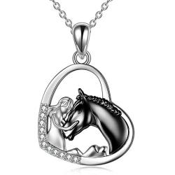 YFN Horse Pendant Necklace Jewelry 925 Sterling Silver Girls Embrace Horse Gift for Women Girls (A Horse with Girl Necklace)
