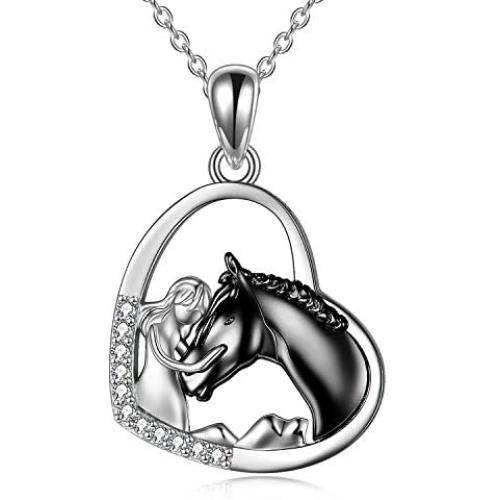 YFN Horse Pendant Necklace Jewelry 925 Sterling Silver Girls Embrace Horse Gift for Women Girls (A Horse with Girl Necklace)