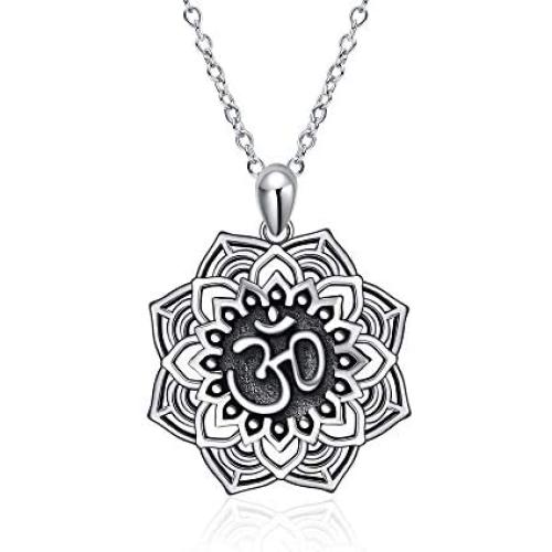 MONGAS Yoga Lotus Flower Necklace 925 Sterling Silver Yoga Lotus with Om Symbol Jewelry for Women