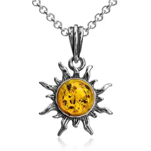 Amber Sterling Silver Flaming Sun Pendant Necklace Chain 18'' Amber Sterling Silver Flaming Sun Pendant Necklace Chain 18''