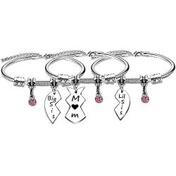 CAROMAY 3PC Mom Sis Bangle Snake Chain Bracelets Lucky Birthstone Mommy Big Little Sisters Matching Heart Puzzle Mothers Day Birthday Jewelry