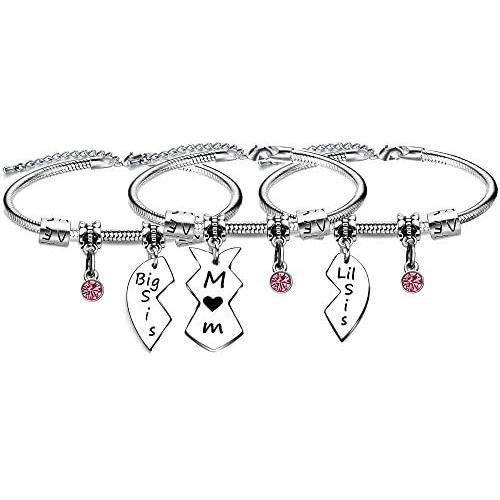 CAROMAY 3PC Mom Sis Bangle Snake Chain Bracelets Lucky Birthstone Mommy Big Little Sisters Matching Heart Puzzle Mothers Day Birthday Jewelry