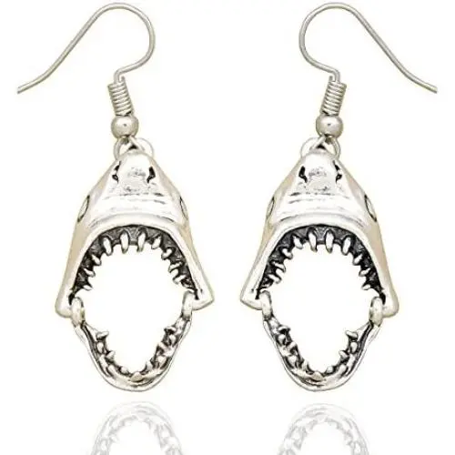 RechicGu Shark Hinged Moveable Tooth Jaws Skull Hell Demon Mouth Dangle Earrings Fancy Dress