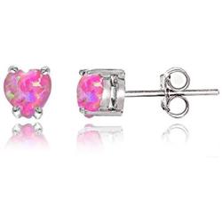 GemStar USA Sterling Silver Synthetic Opal Heart Solitaire Necklace and Stud Earrings Set for Girls Teens