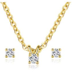 MDFUN Simple Necklace and Earring Jewelry Set for Women and Girls, 18K Gold Plated Halo Cubic Zirconia Round Cut Stud Earring and Pendant Choker