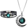YANCHUN 2 Pcs Fashion 12 Zodiac Constellation Necklace Astrology Galaxy & Crescent Moon Glass Necklace Leather Constellation Bracelet for Men Jewelry Set Birthday Gift for Women
