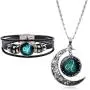 YANCHUN 2 Pcs Fashion 12 Zodiac Constellation Necklace Astrology Galaxy & Crescent Moon Glass Necklace Leather Constellation Bracelet for Men Jewelry Set Birthday Gift for Women