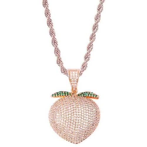 Moca Jewelry Iced Out Colored Peach Pendant 18K Gold Plated Bling CZ Simulated Diamond Hip Hop Necklace for Men Women