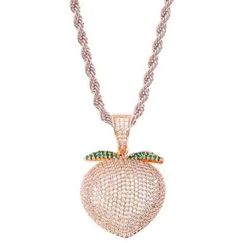 Moca Jewelry Iced Out Colored Peach Pendant 18K Gold Plated Bling CZ Simulated Diamond Hip Hop Necklace for Men Women