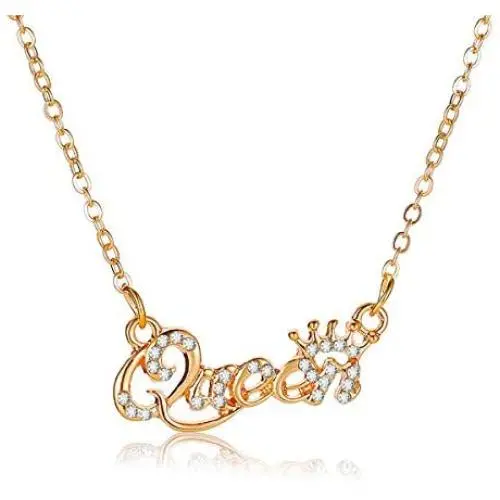 Fashion Crown Letter Queen Pendant Necklace Charm Rhinestone Word Queen Clavicle Chain Necklace for Women and Girls Jewelry