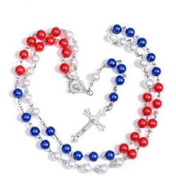 Patriotic Rosary Beads Catholic - Confirmation Gifts for Teenage Girl, Imitation Pearl Religious Rosary Necklace Jewelry, Red White Blue Tricolor Rosary Alloy Cross Necklace for Women, SUNYUE