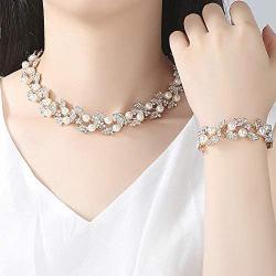 mecresh Simulated Pearl Leave Floral Bridal Jewelry Sets, Crystal Wedding Necklace Earrings Bracelet Sets Jewelry Engagement Gift