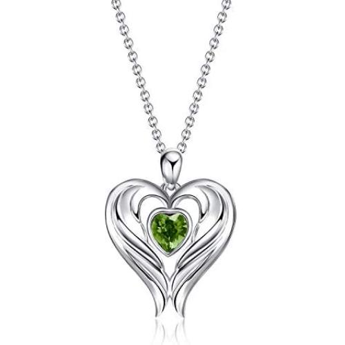 WINNICACA S925 Sterling Silver Angle Wings Heart Necklace Birthstone Birthday Jewelry Mothers Day Gifts for Her Women Mom