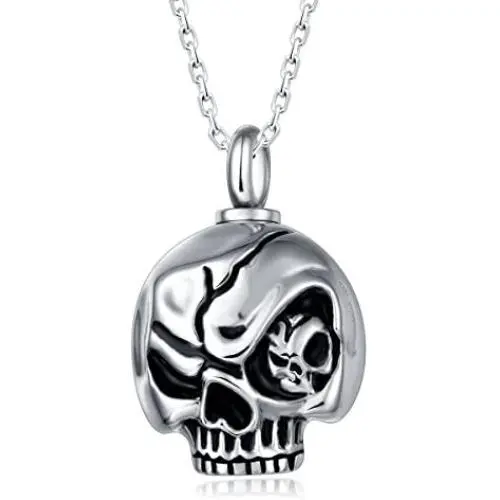 UNY Trendy Stainless Steel Skull Pet Urn Ashes Pendant Necklace Memorial Ash Keepsake Cremation Jewelry