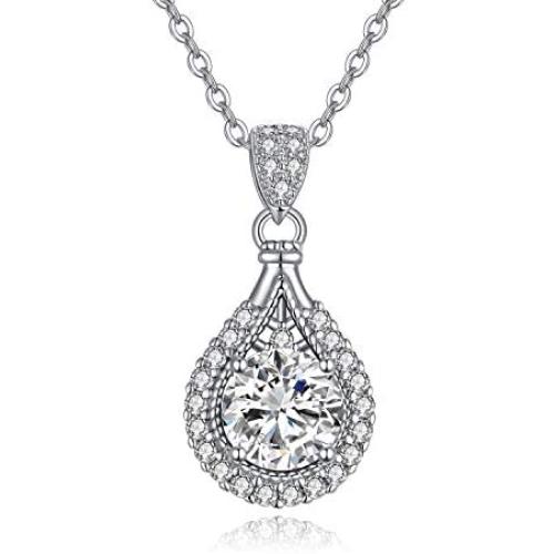 1 Carat Moissanite Pendant Necklace 14K White Gold Plated 925 Sterling Silver for Women Girls, Chain 18 + 2 inch Extender…