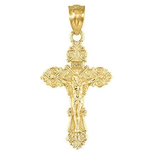 Dainty Small 10k Yellow Gold Floral Design Cross Charm Pendant