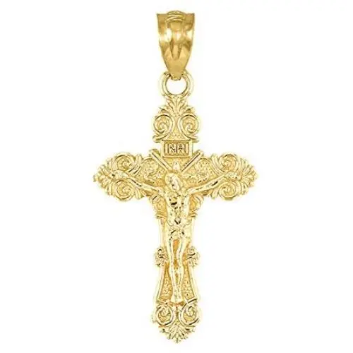 Dainty Small 10k Yellow Gold Floral Design Cross Charm Pendant Dainty Small 10k Yellow Gold Floral Design Cross Charm Pendant