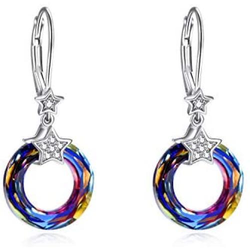 AOBOCO Sterling Silver Crystal Leverback Earrings for Women Dainty Girls Dangle Ear Ring Jewelry Gift with Swarovski Element