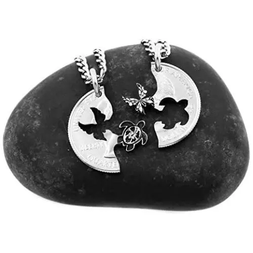 NameCoins Sea Turtle and Butterfly Necklaces, Intricate Best Friends Jewelry, BFF Gifts for 2, Relationship Puzzle Set, Hand Cut Coin NameCoins Sea Turtle and Butterfly Necklaces, Intricate Best Friends Jewelry, BFF Gifts for 2, Relationship Puzzle Set, Hand Cut Coin