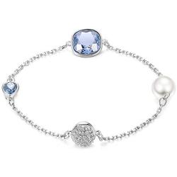 Sllaiss Pearl Crystals Link Bracelet for Women Made with Swarovski Blue Crystals Fashion Girl Jewelry Birthday Gifts,Length 6.8in