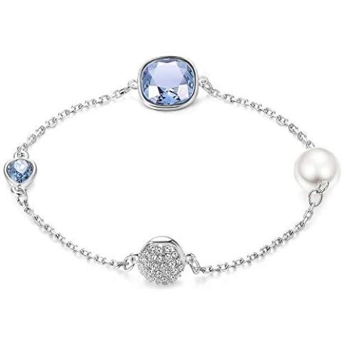 Sllaiss Pearl Crystals Link Bracelet for Women Made with Swarovski Blue Crystals Fashion Girl Jewelry Birthday Gifts,Length 6.8in