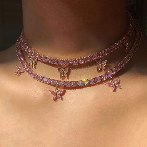 Ckecharfa Layered Crystal Pendant Necklace Gold Butterfly Choker Necklaces Sparkly Party Adjustable Jewelry Accessories for Women and Girls